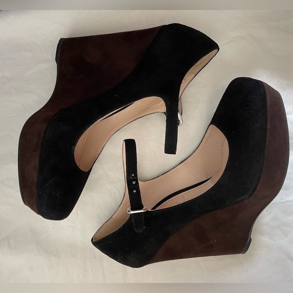 Prada Suede Wedge Heels, Black 7